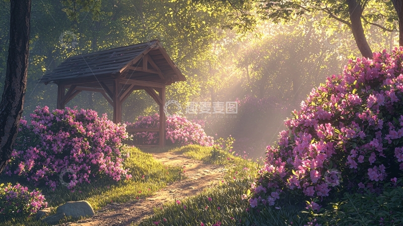 高清大图下载【趣麦麦图】林间小屋与盛开的杜鹃花