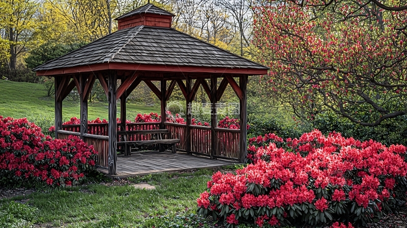 高清大图下载【趣麦麦图】公园凉亭红花绿草