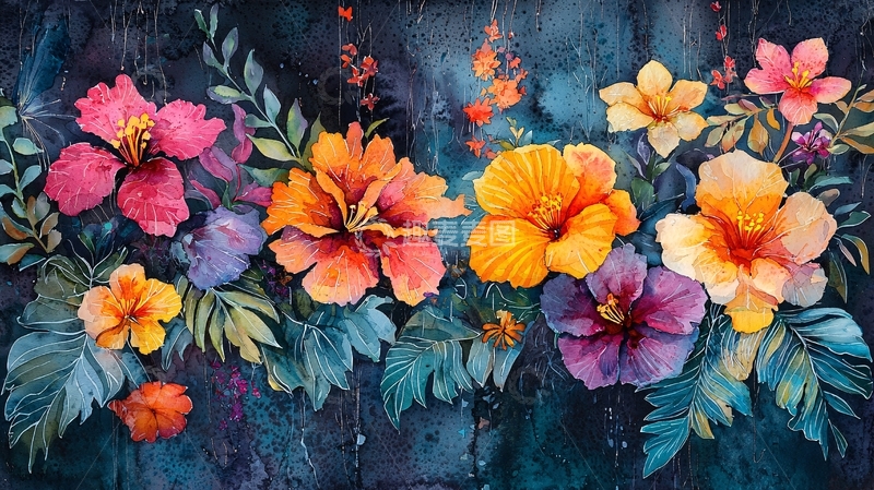 高清大图下载【趣麦麦图】色彩鲜艳的花朵水彩画