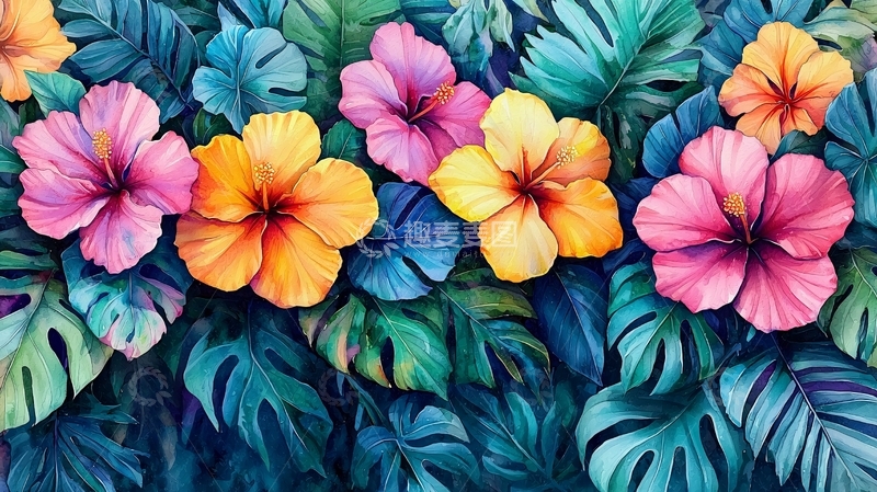 高清大图下载【趣麦麦图】热带花卉与绿叶图案