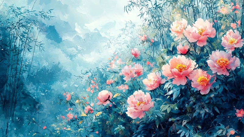 高清大图下载【趣麦麦图】粉色花朵与蓝色背景交织