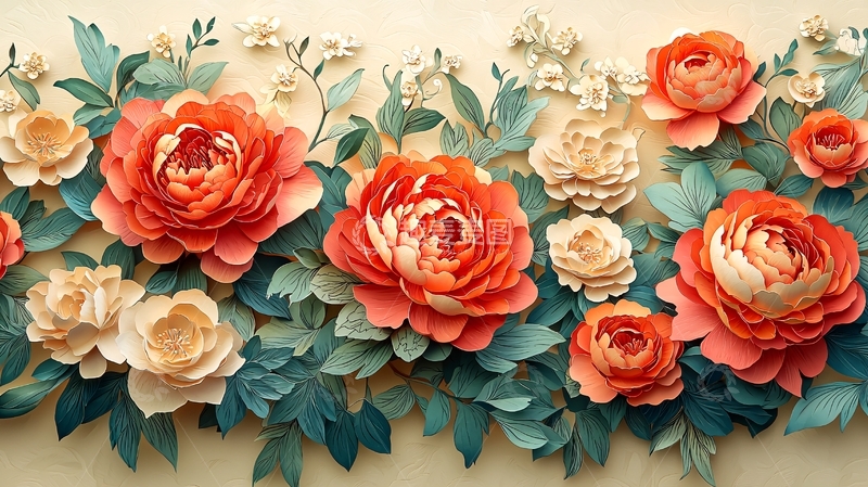 高清大图下载【趣麦麦图】红色与米色花朵簇拥