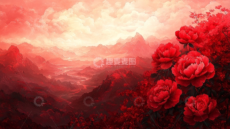 高清大图下载【趣麦麦图】红色山水花卉梦幻意境