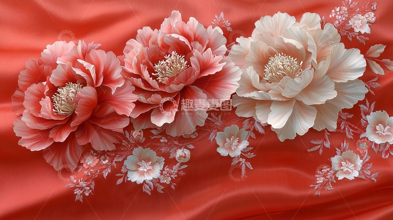 高清大图下载【趣麦麦图】三朵牡丹花在红色绸缎上
