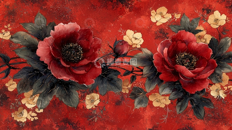 高清大图下载【趣麦麦图】红色背景下的牡丹花