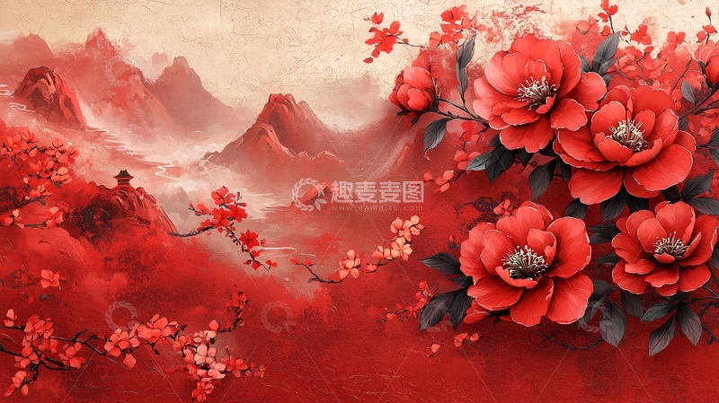 高清大图下载【趣麦麦图】-红色国风山水花卉