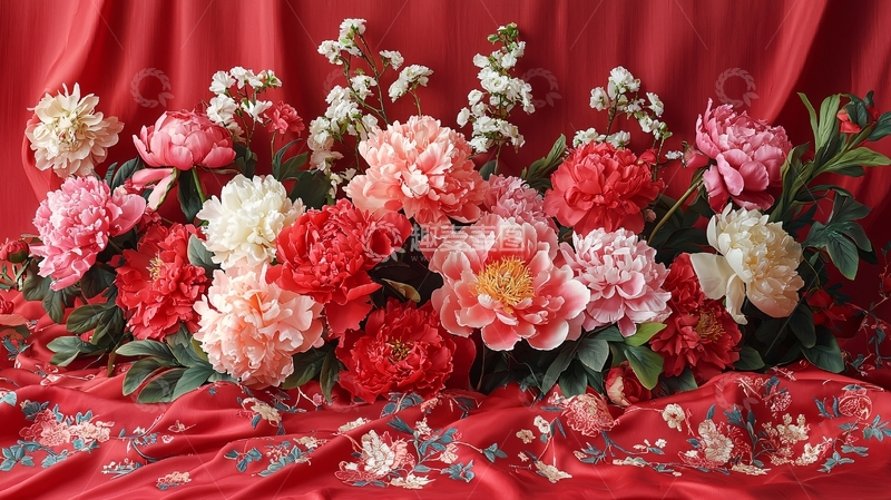 高清大图下载【趣麦麦图】红色背景上的牡丹花