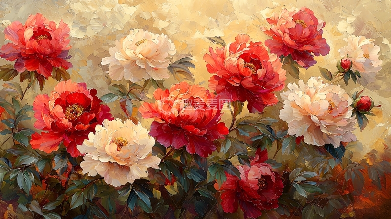 高清大图下载【趣麦麦图】红色和白色牡丹花绘画