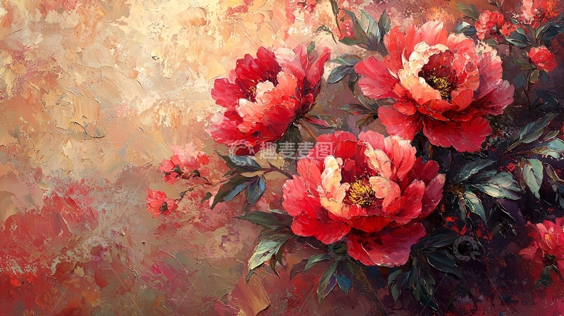 高清大图下载【趣麦麦图】红色牡丹花油画质感