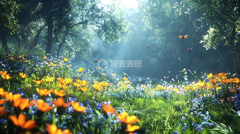 高清大图下载【趣麦麦图】阳光穿过森林照亮花海