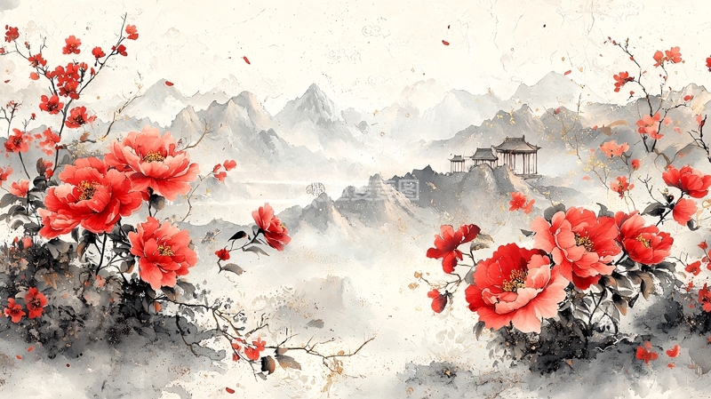 高清大图下载【趣麦麦图】水墨山水红色花卉意境图