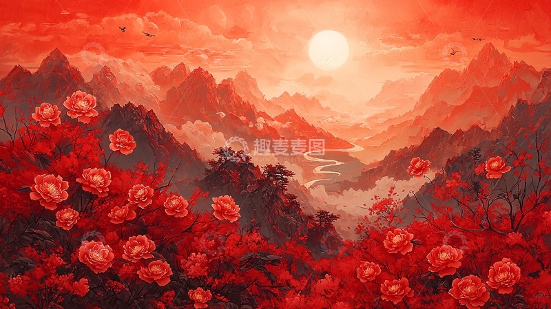 高清大图下载【趣麦麦图】红色山水花卉唯美意境