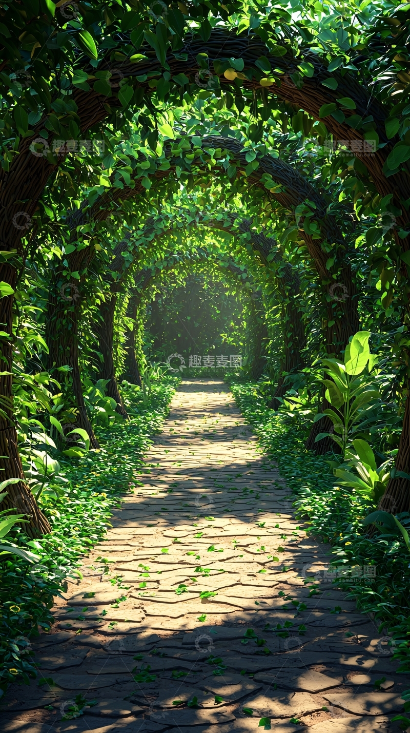 高清大图下载【趣麦麦图】绿意盎然的树叶拱廊小径