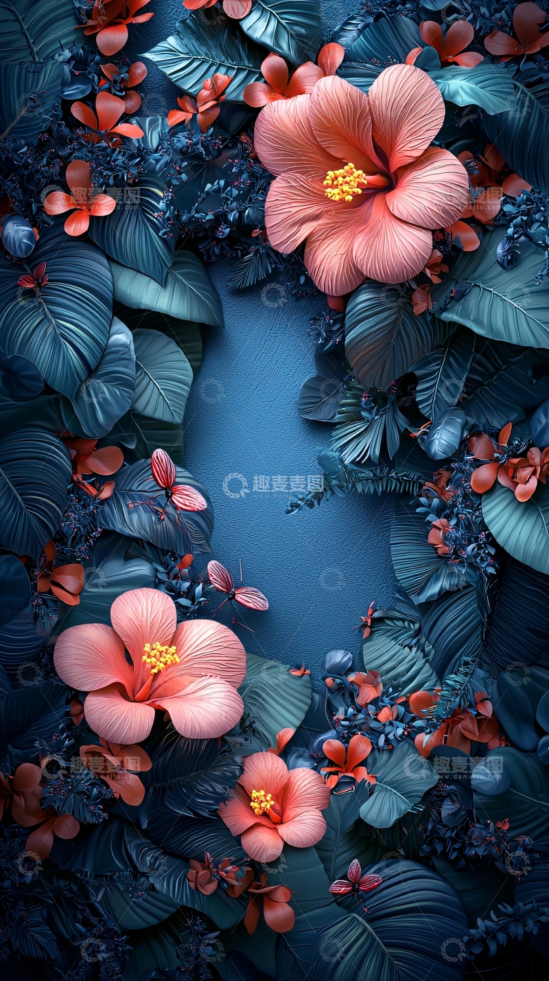 高清大图下载【趣麦麦图】粉色芙蓉花簇拥深蓝色叶子