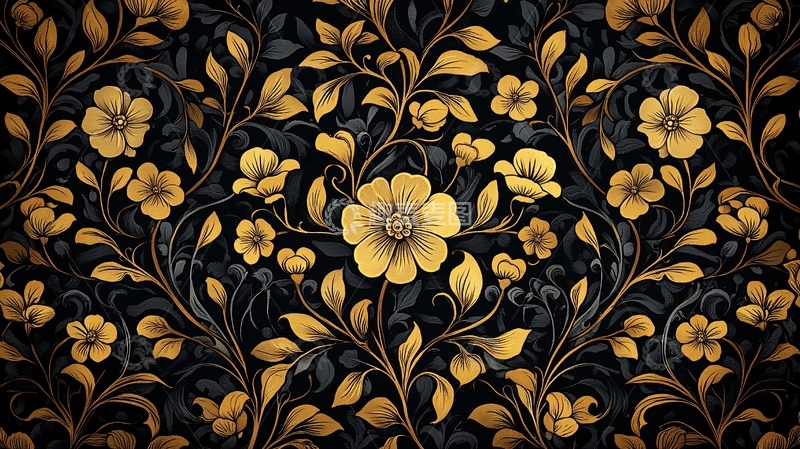 高清大图下载【趣麦麦图】金色花卉黑色底纹