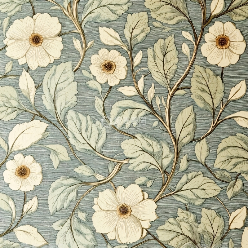 高清大图下载【趣麦麦图】浅色花朵与绿叶交织图案