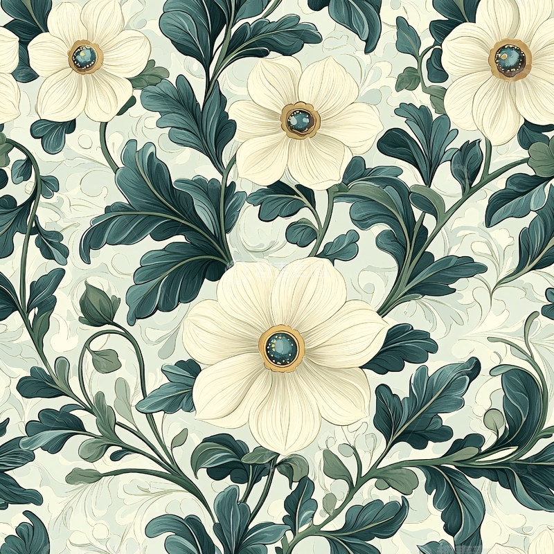 高清大图下载【趣麦麦图】米色花朵深绿叶子平铺背景