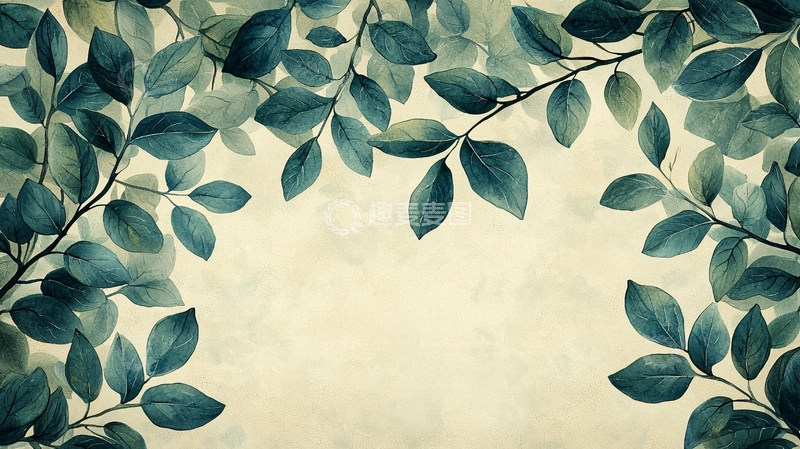 高清大图下载【趣麦麦图】蓝绿色树叶围绕的空白