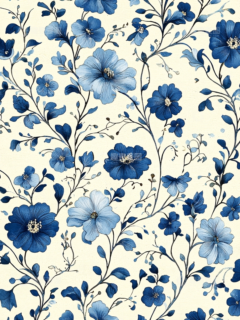 高清大图下载【趣麦麦图】蓝色花朵植物纹样