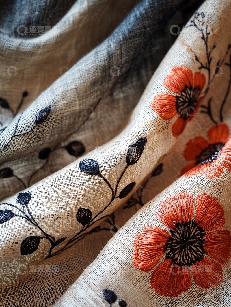 高清大图下载【趣麦麦图】花朵图案的米色布料褶皱