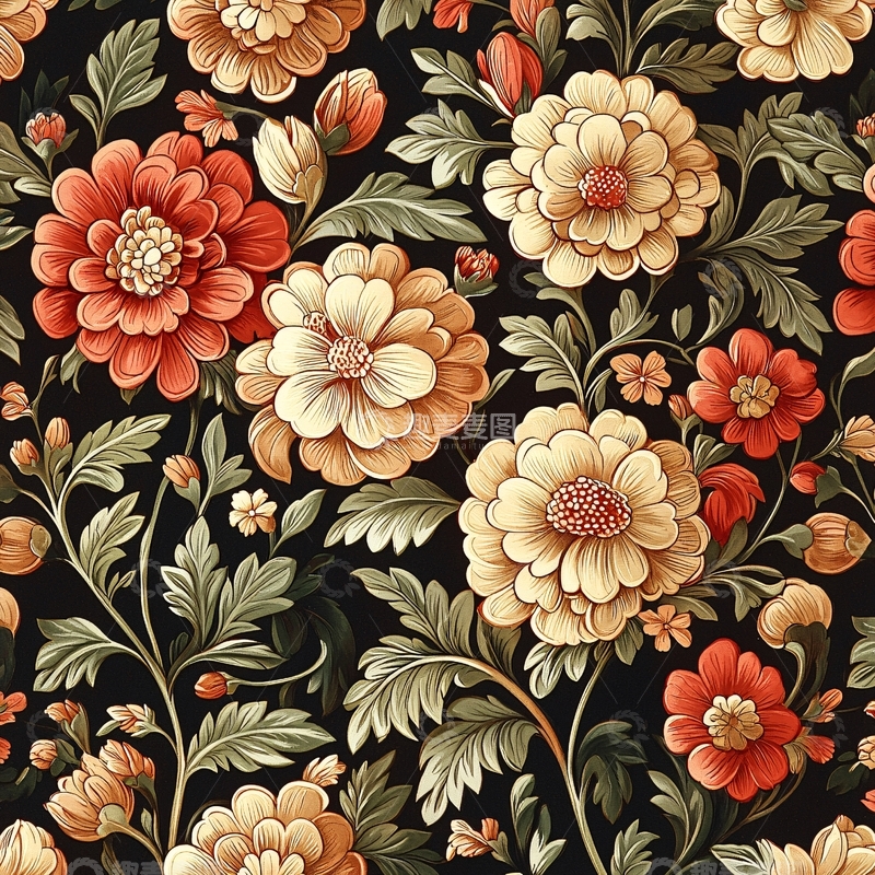 高清大图下载【趣麦麦图】复古风格花卉图案
