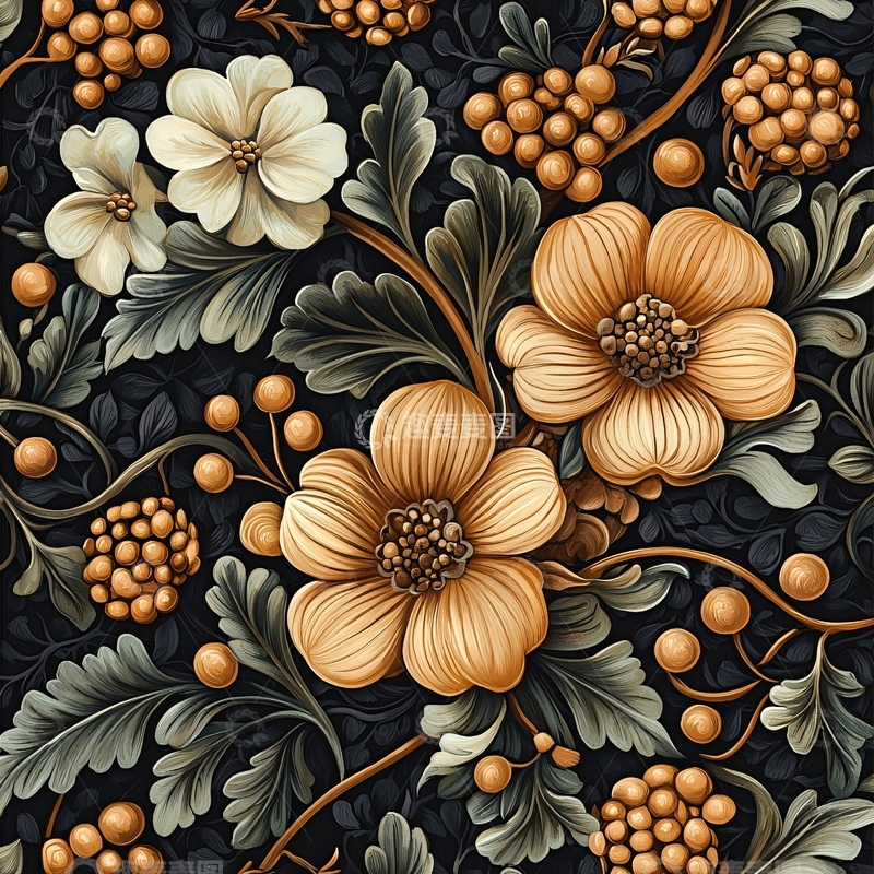 高清大图下载【趣麦麦图】米色花朵与绿色叶子