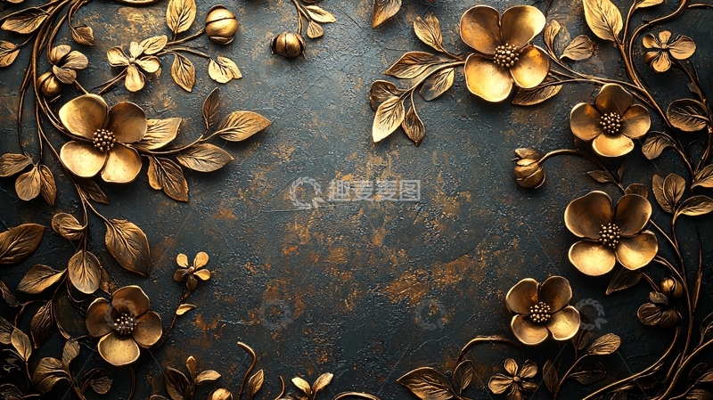 高清大图下载【趣麦麦图】金色花卉浮雕在深色背景上