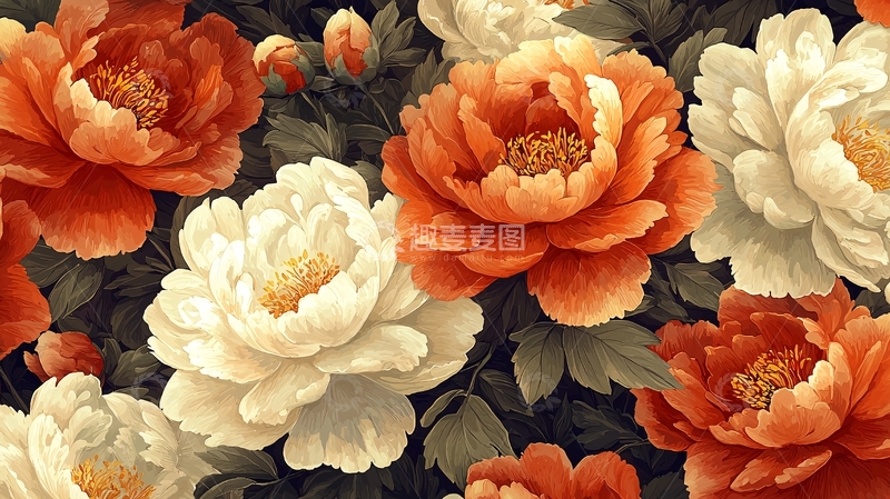 高清大图下载【趣麦麦图】橙色和白色牡丹花