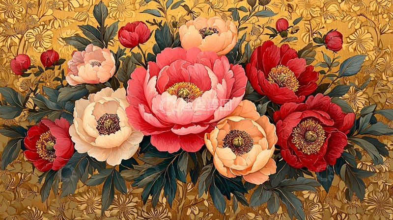 高清大图下载【趣麦麦图】金底牡丹花卉绘画风格