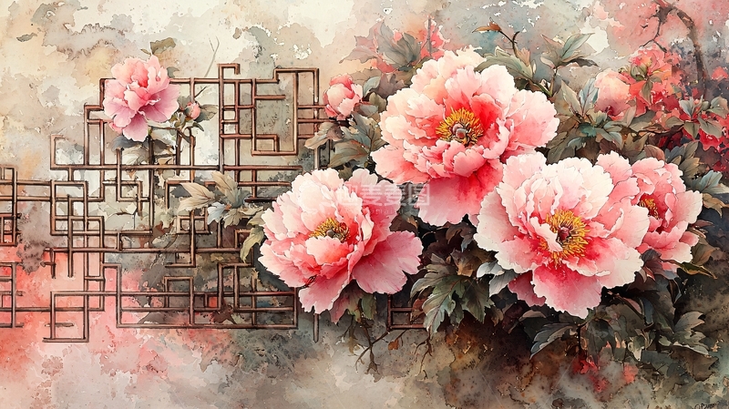 高清大图下载【趣麦麦图】粉色牡丹花背景墙