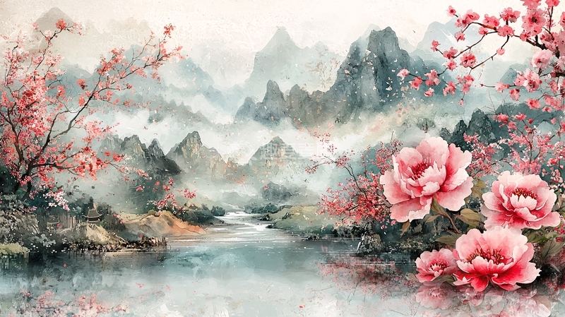 高清大图下载【趣麦麦图】水墨风山水桃花盛开图