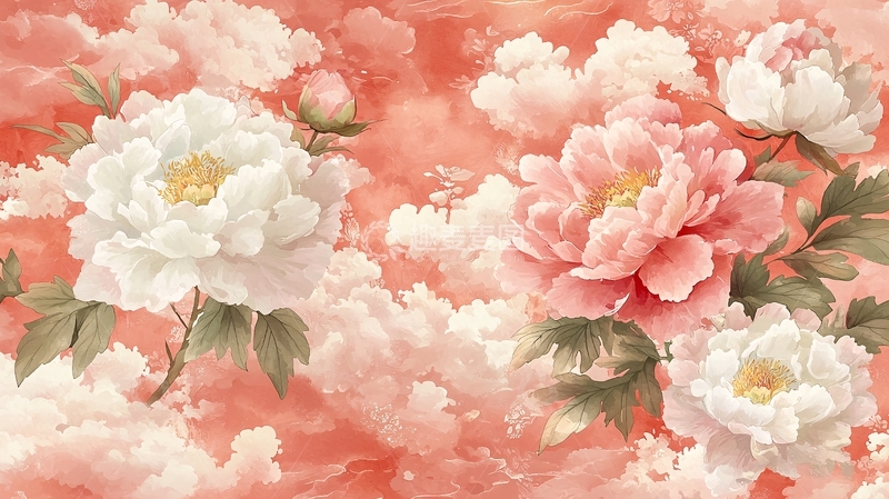 高清大图下载【趣麦麦图】国风牡丹花卉水彩意境背景图