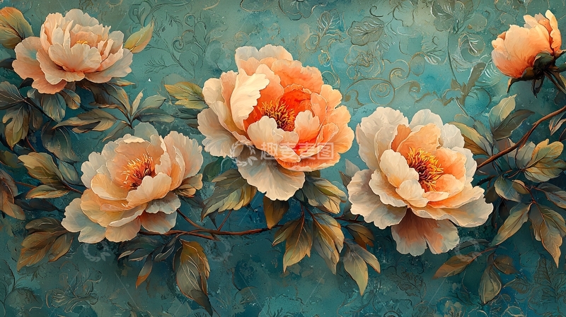 高清大图下载【趣麦麦图】蜜桃色花朵浅蓝色背景