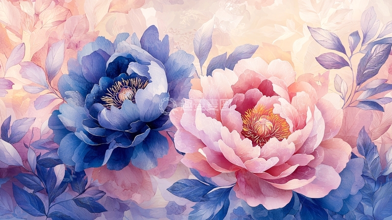 高清大图下载【趣麦麦图】粉色蓝色花卉水彩画
