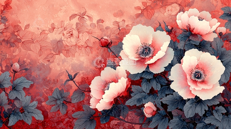 高清大图下载【趣麦麦图】国画风格的牡丹花卉
