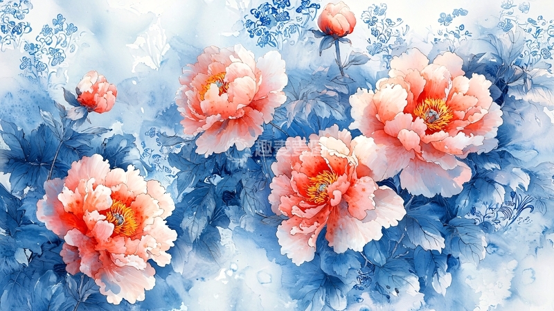 高清大图下载【趣麦麦图】粉色牡丹花蓝色背景