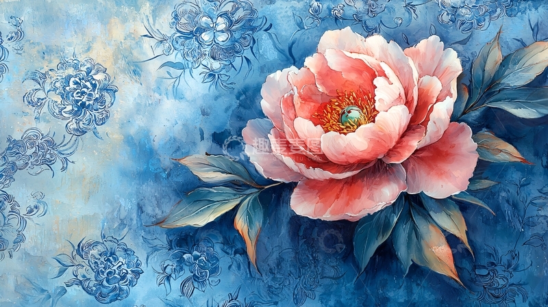 高清大图下载【趣麦麦图】粉色牡丹花蓝色背景