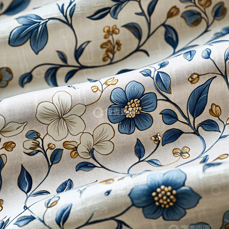 高清大图下载【趣麦麦图】蓝白色花卉图案布料