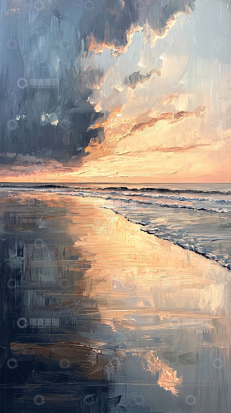 高清大图下载【趣麦麦图】金色沙滩的油画风景