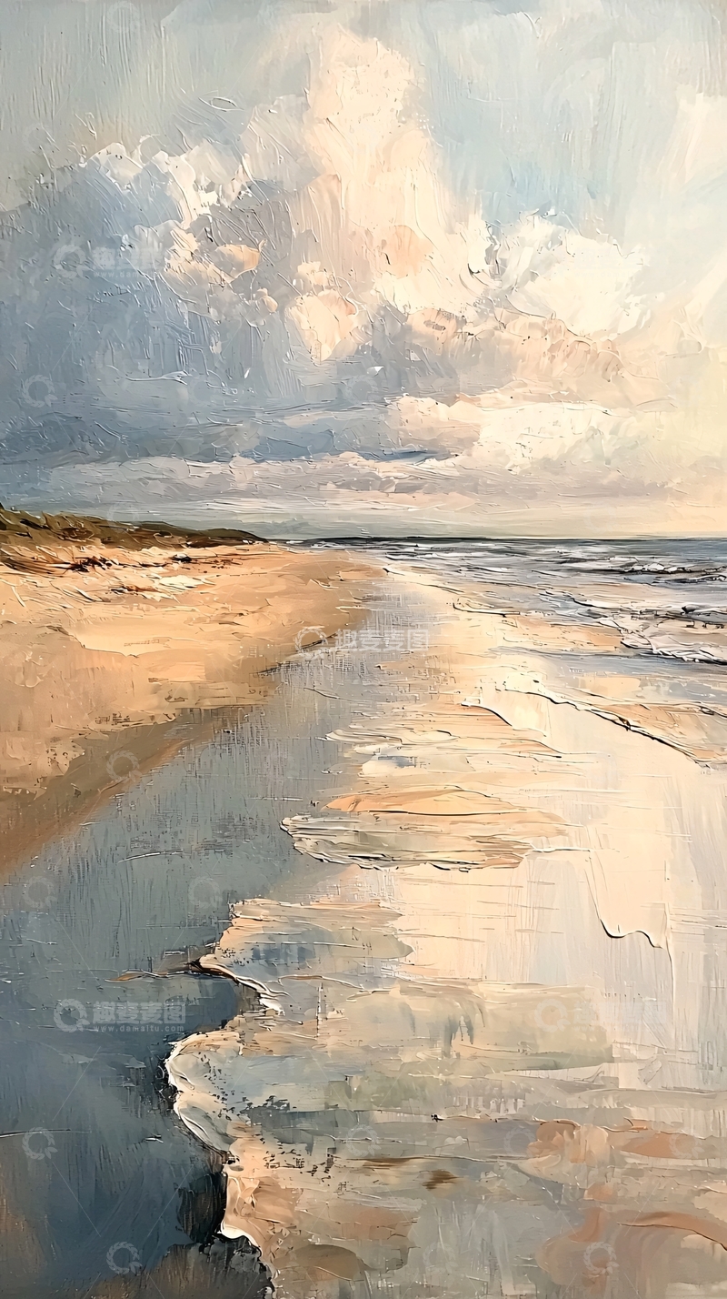 高清大图下载【趣麦麦图】海边沙滩的油画风景