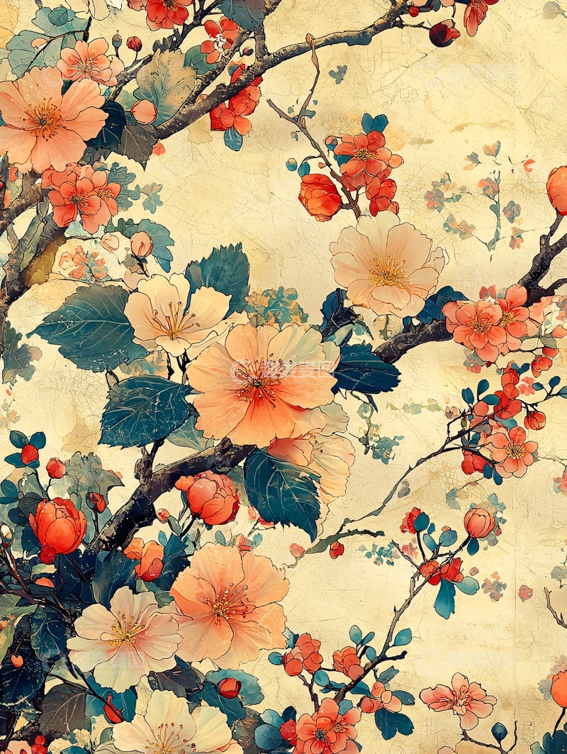 高清大图下载【趣麦麦图】国风花卉枝干水彩画