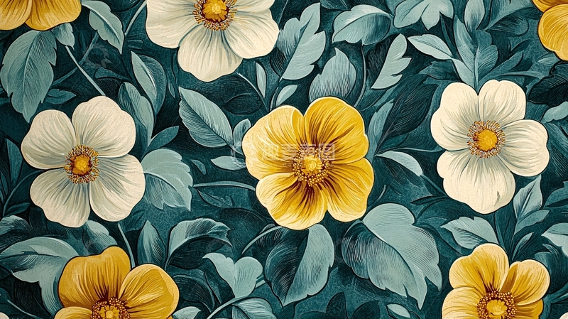 高清大图下载【趣麦麦图】白色黄色花朵叶子图案
