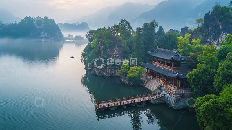 高清大图下载【趣麦麦图】湖边中式亭台楼阁景色