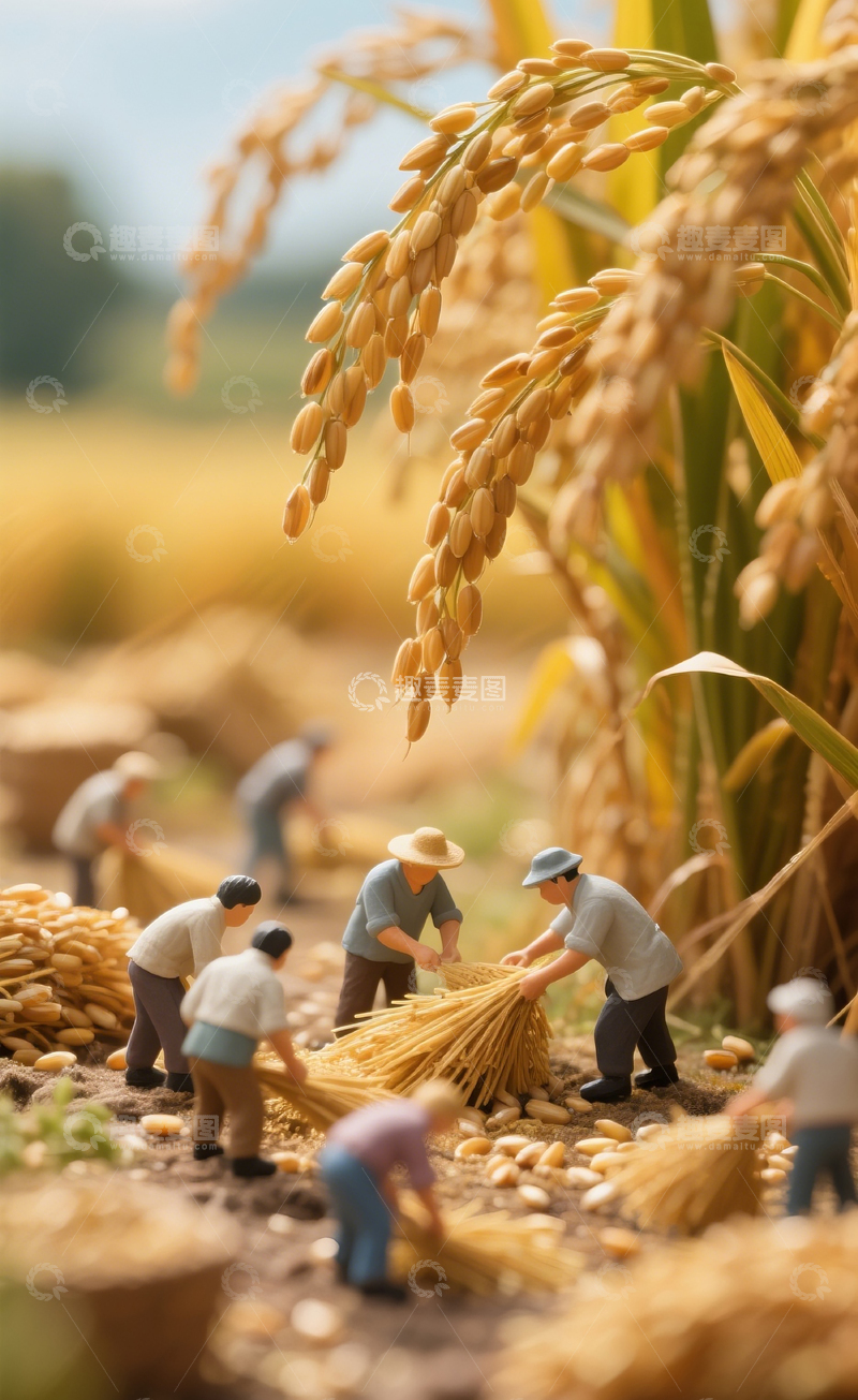 高清大图下载【趣麦麦图】稻田劳动微缩场景1