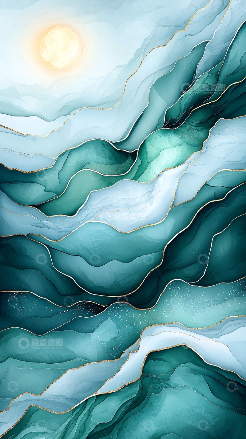 高清大图下载【趣麦麦图】水彩晕染的山峦与太阳