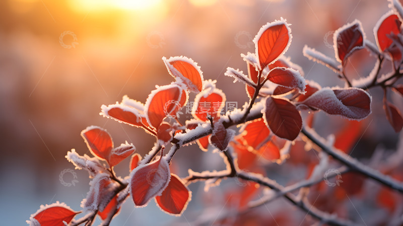 高清大图下载【趣麦麦图】冬季大雪后的红色树叶2