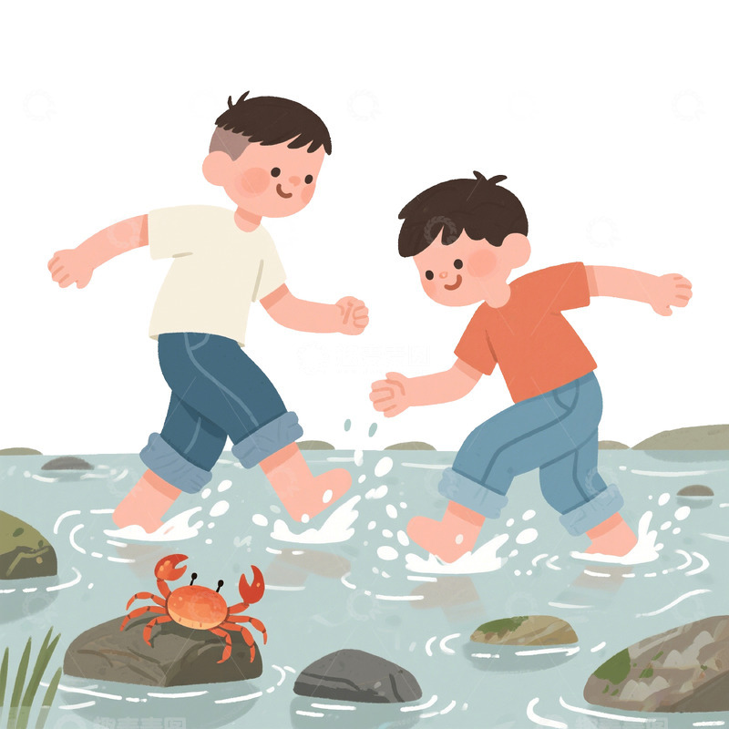 高清大图下载【趣麦麦图】夏天男孩浅滩踩水手绘插画
