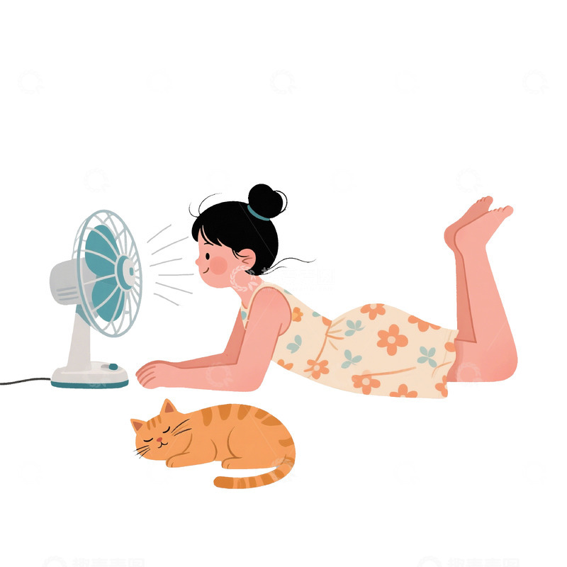 夏天女孩吹风扇手绘插画
