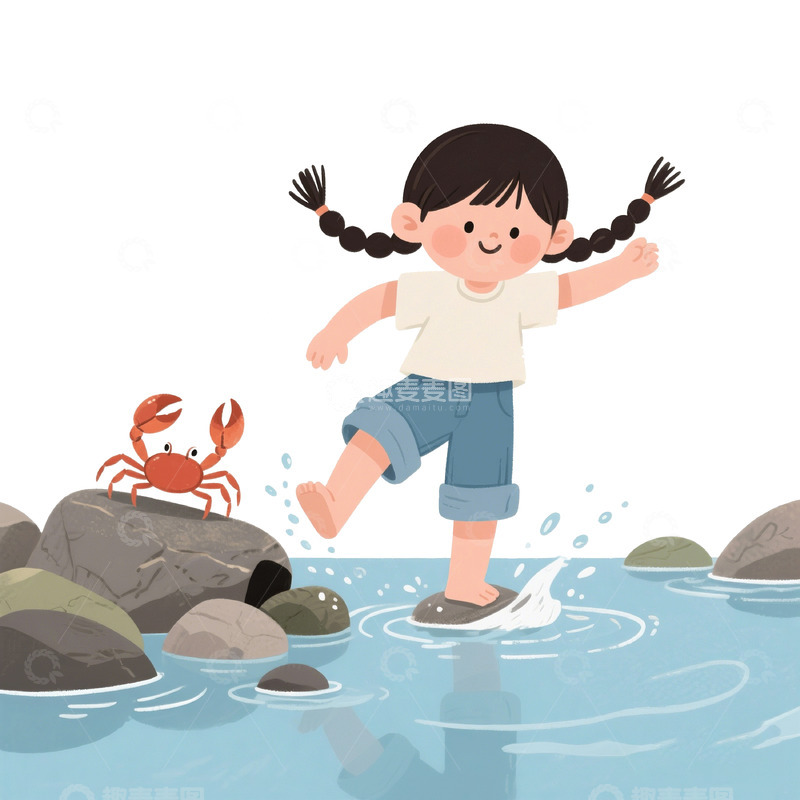 高清大图下载【趣麦麦图】夏天女孩浅滩踩水手绘插画