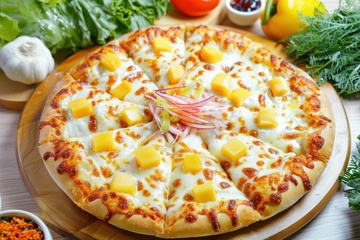 一盘黄桃披萨美食